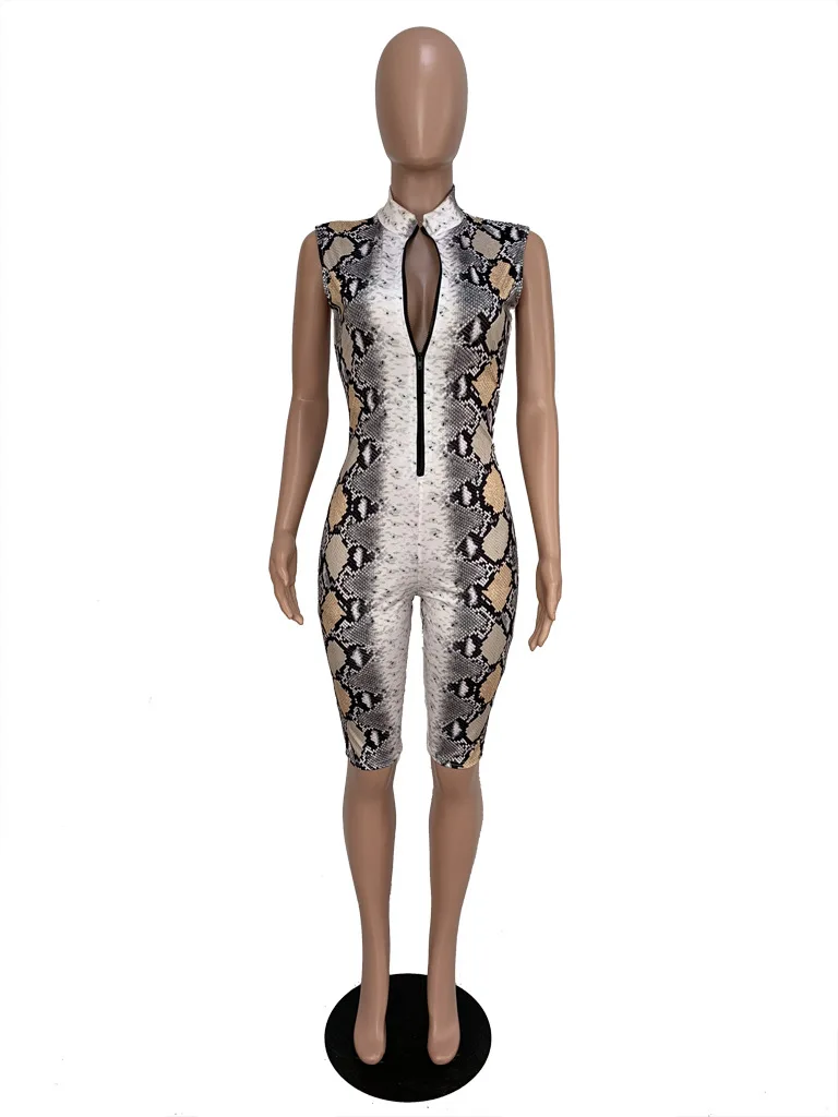 Hot Trendy  high quality Snake Print Romper Knee Length V Neck zipper front Stretchy women sexy bodycon jumpsuits and rompers