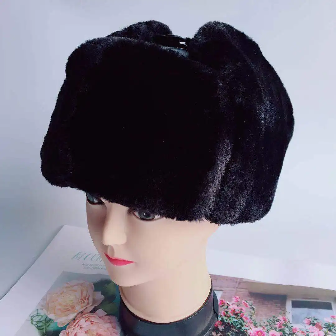 Mens WinterUnisex Shearling Sheepskin Leather Aviator Russian Ushanka Trapper Winter Fur Hats Cold Weather Hat for Men