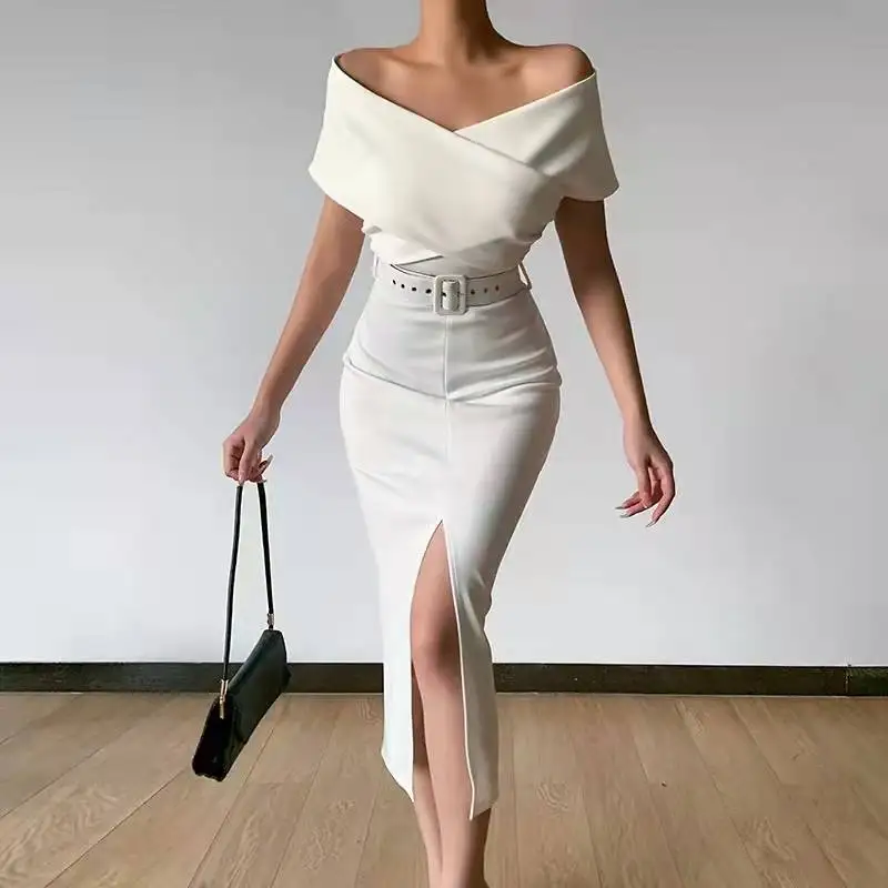 Весенне-летнее Новое модное пикантное облегающее офисное платье с открытыми плечами и поясом с разрезом