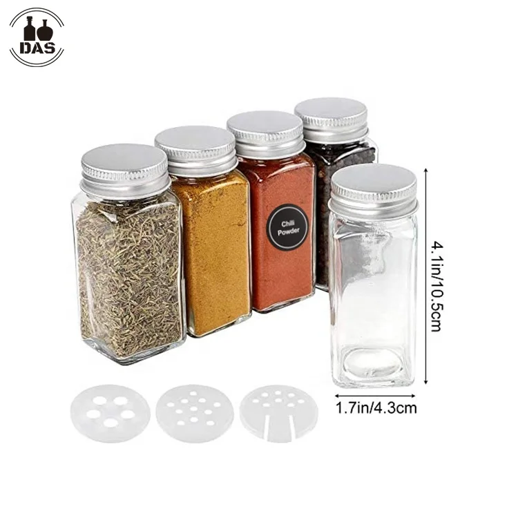 Eco Friendly Kitchen 4oz 120ml Square Set Salt Pepper Spice Jar Glass Storage Container Jar with Shaker Aluminum Lids and Label