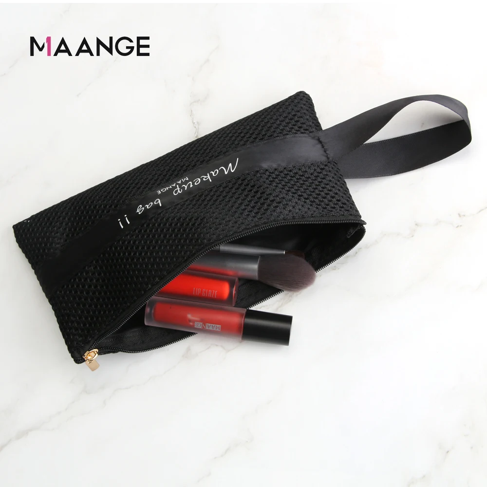 MAANGE Wholesale Custom Logo Portable Makeup Organizer Bags Travel Black Nylon Mesh Zipper Cosmetic Bag