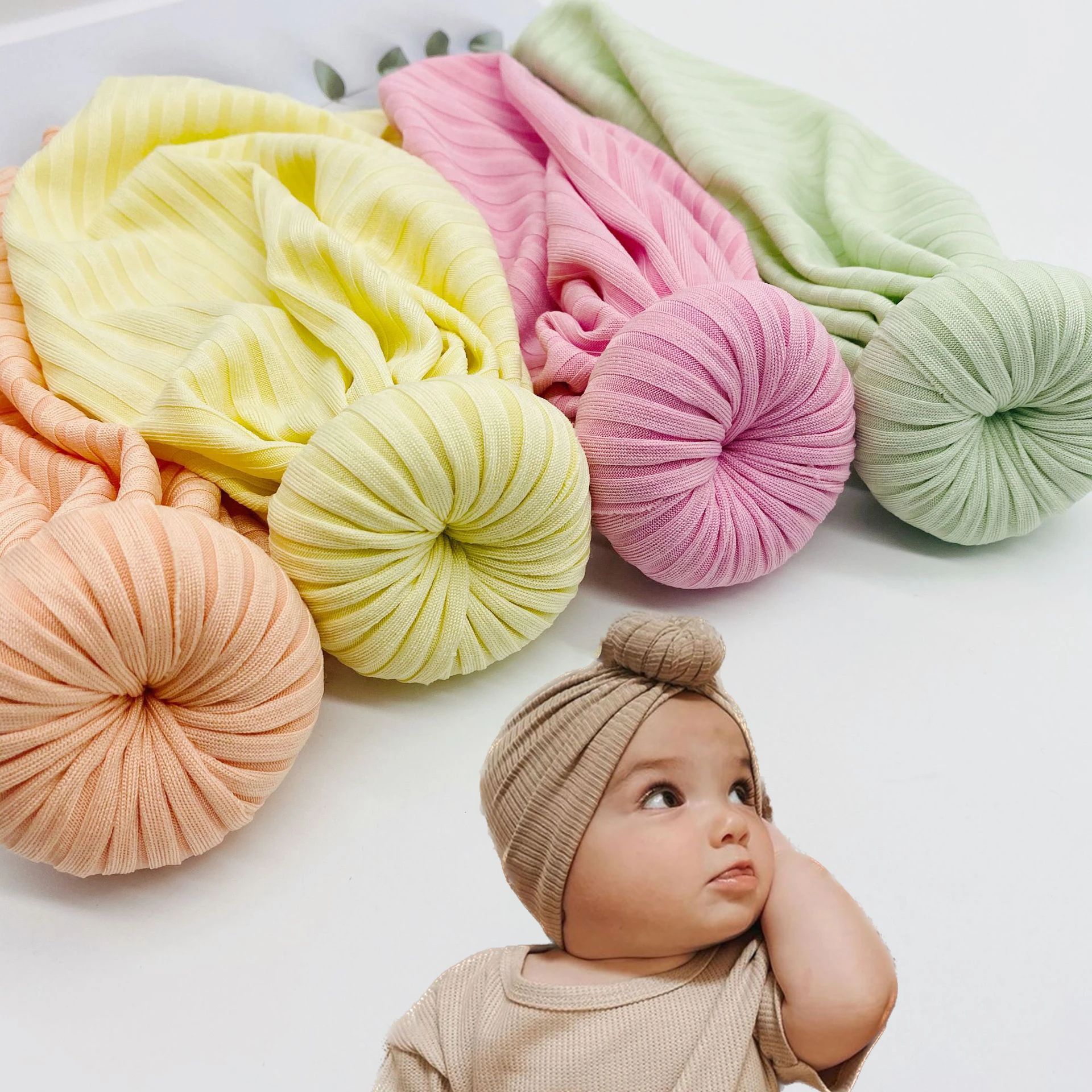 2023 Solid Ball Donut Soft Breathable Turban Hat Satin Lined Beanie For Baby Newborns