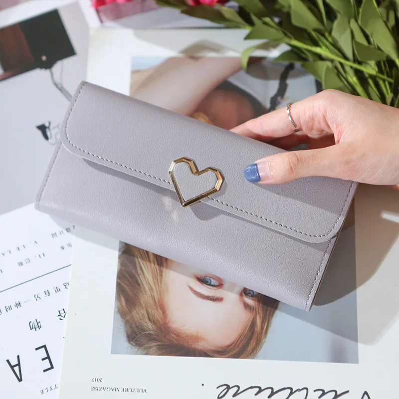 Wholesale Women New Fashion Korean Clutch Bag Lady PU Candy Color Heart 3 Fold Money Card Holder Purse