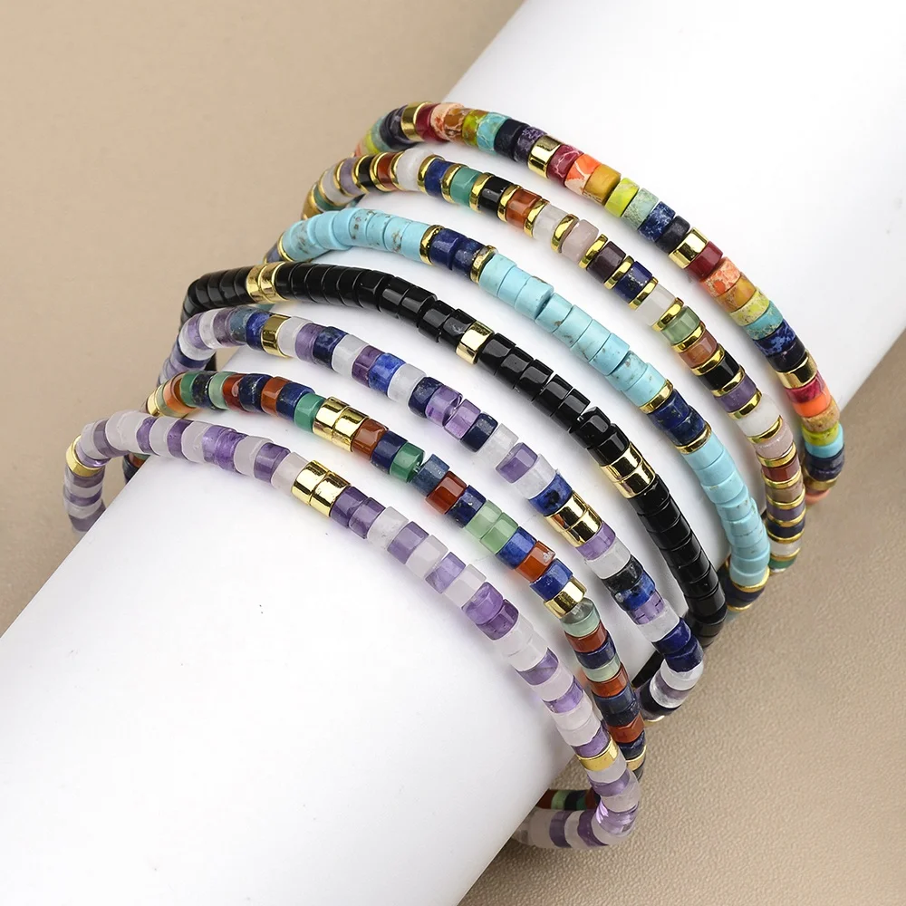 Newest Dainty Natural Colorful Gemstone Mixed Impression Jasper and Hematite Heishi Beads Wheel Stretchable Bracelets
