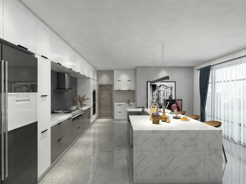 White And Grey Acrylic Kitchen With Two Tone Edge Banding Acrylic Kitchen Cabinet Door And Soft Closing Hinge & Slider