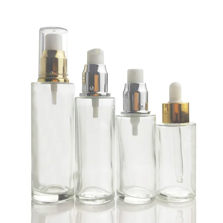 luxury cosmetic packaging 20ml 30ml 40ml 60ml 80ml 100ml 120ml body cream holographic flat glass serum bottle with pump dropper