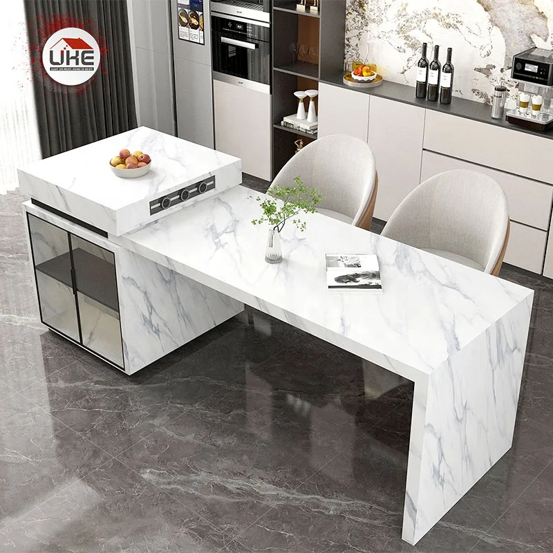 Спеченный каменный кухонный островок со светодиодной подсветкой, мобильный обеденный стол, встроенный кухонный шкаф