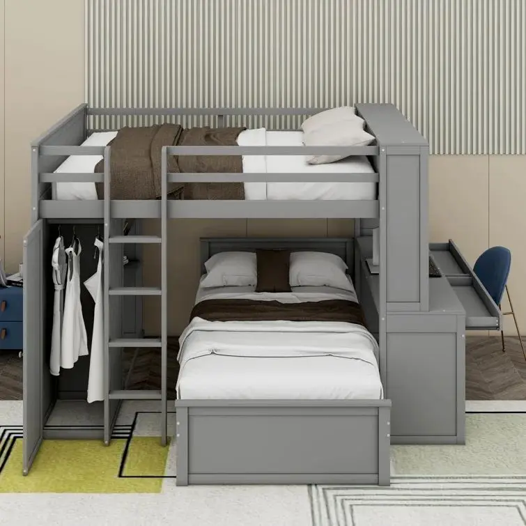 Modern Home Furniture Wooden Bedroom Bunk Loft Bed Fram Furniture Full Size Bunk Bed with Twin Study Desk