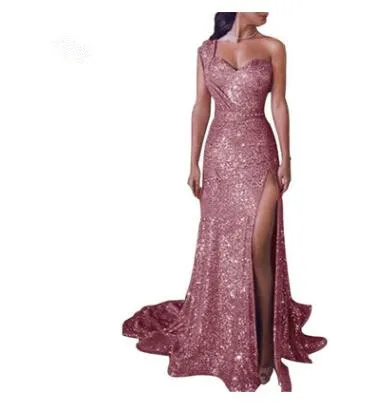 WIIPU 5XL mujeres Sexy de borla de lentejuelas un hombro hendidura lateral noche fiesta vestido Bodycon damas Maxi vestido Vest