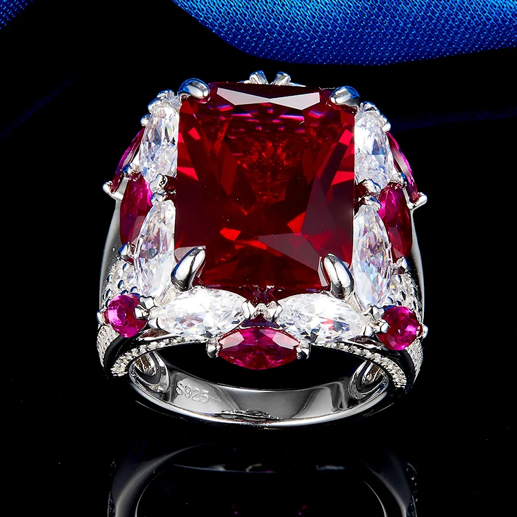 Luxury Ruby Emerald Ring Setting Cubic Zirconia 925 Sterling Silver Chunky Rings