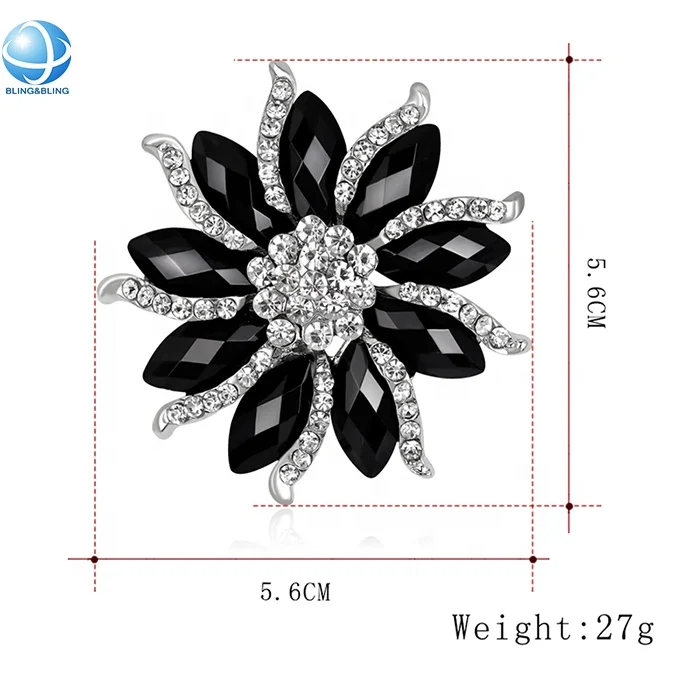 Custom Black Rhinestone flower Zircon brooches pins for women fashion festival