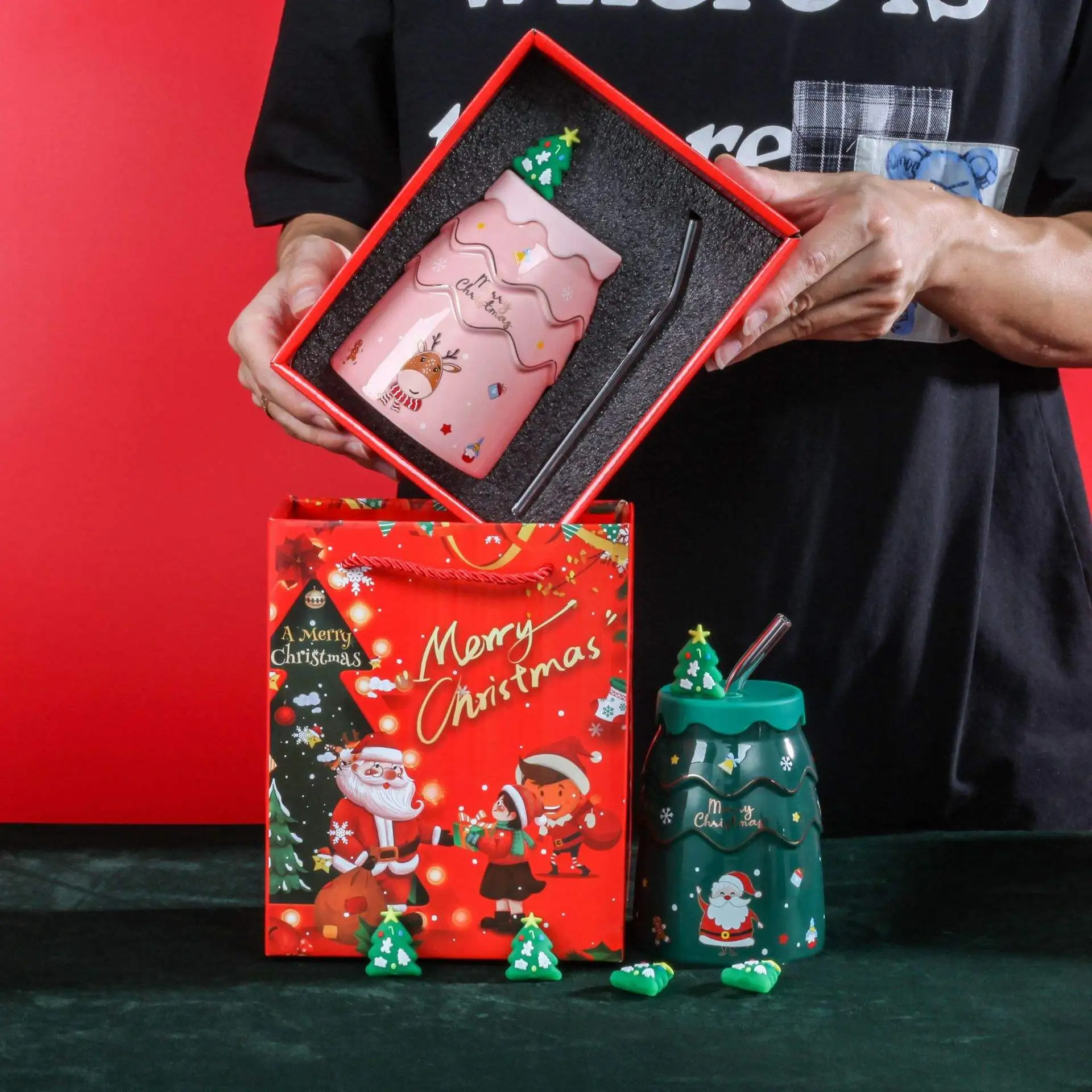 Hot Sell 2023 Silicone Sleeve Christmas Cup Coffee Ceramic Mug Without Handle Coffee Mug With A Straw