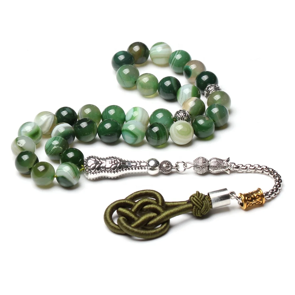 Natural stone Tasbih prayer beads 33 Apple Green agate Misbaha New style Cotton Tassel Muslim rosary mesbaha sibha tasbeeh