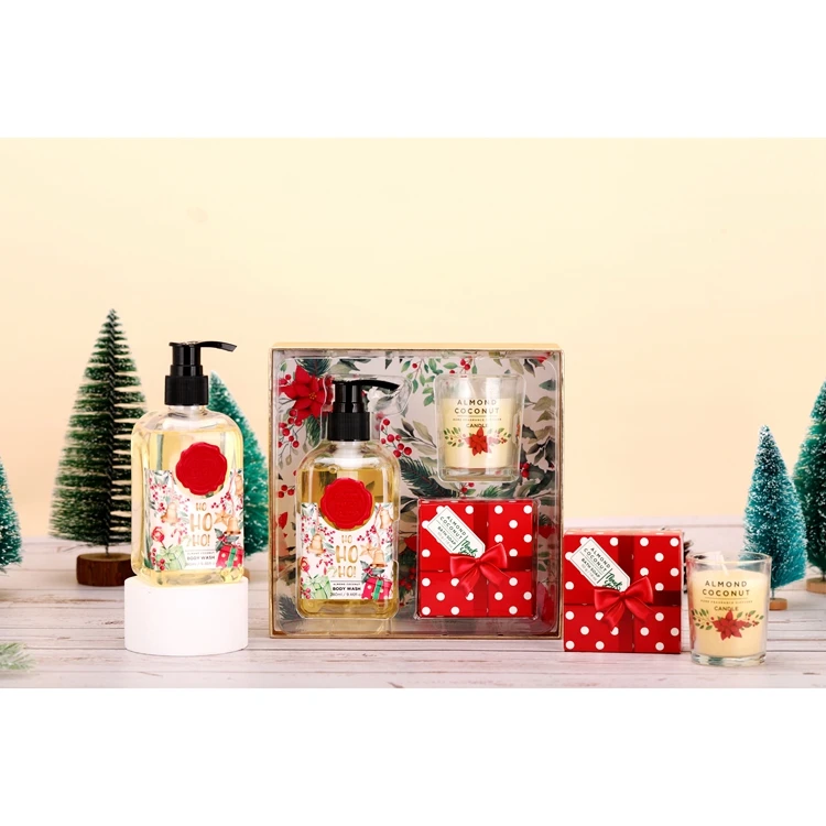 Wholesale 280ml body wash shampoo 100ml body lotion and 50g candle spa bath christmas gift set