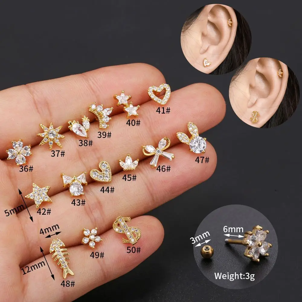 Trendy Piercing Jewelry Korean Zircon Earrings Gold Star Heart Shape Copper Zircon Gem Ear Bone Screws Women Stud Earrings