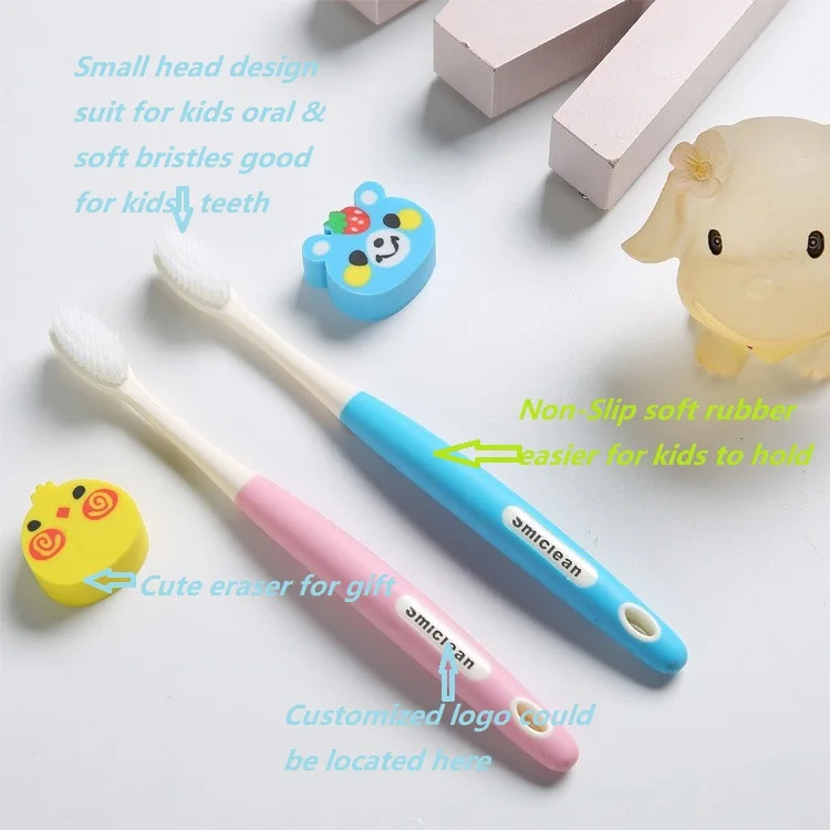 Popular Kids Toothbrush with Eraser Soft PBT/ Customized PP + Soft TPE OEM Colors for Free 50000pcs BSCI/BRC/ISO 9001