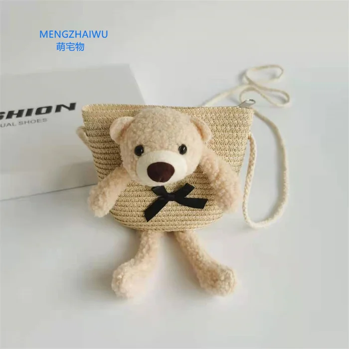 no stock mini crossbody bag straw eco friendly cute bear decoration toddler purses zipper childrens coin bag