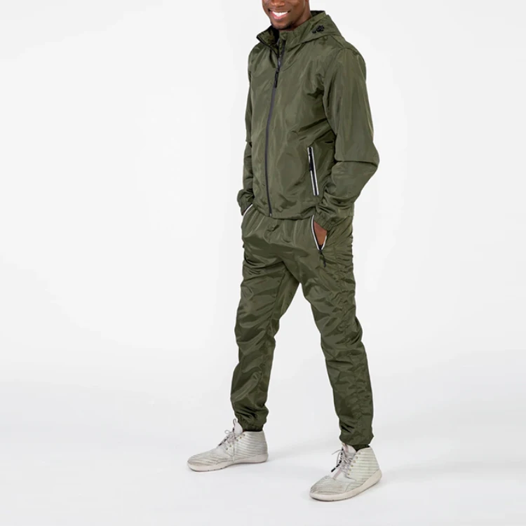 wholesale men unisex windbreaker sweatsuit jogger tracksuit custom logo reflective nylon pants plain two pieces set