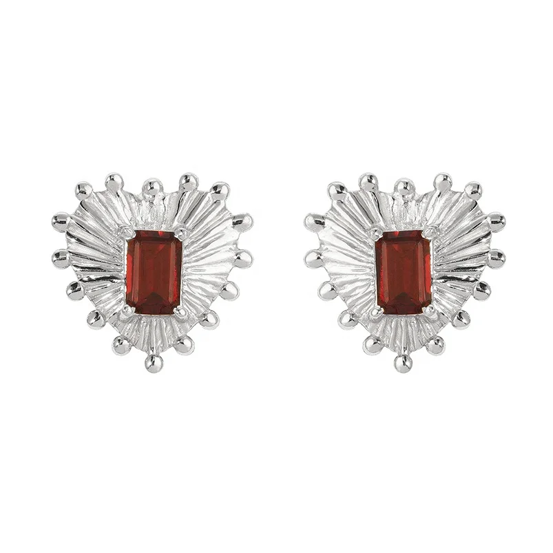 Gemnel high quality sunburst studs rectangular garnet stones classic 14k gold heart 925 sterling silver earring