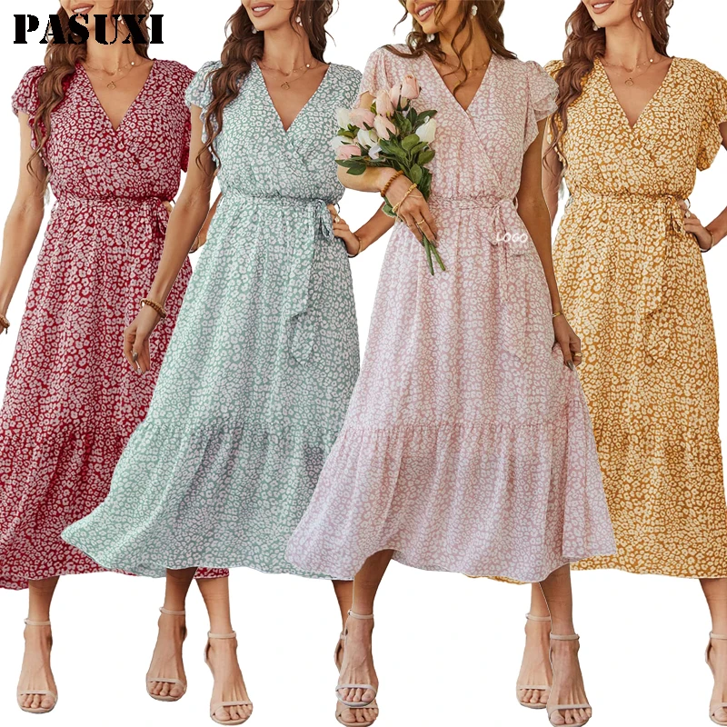 2024 женское платье с оборками и V-образным вырезом