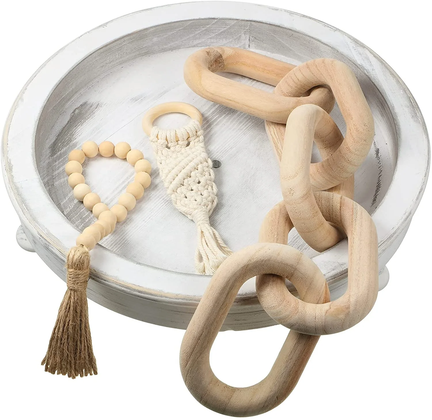 3 Pieces Wood Chain Link Decor Wooden Chain Bead Garland with Tassels Wooden Home Decoration Loop Hand-Woven Rope fo Decor