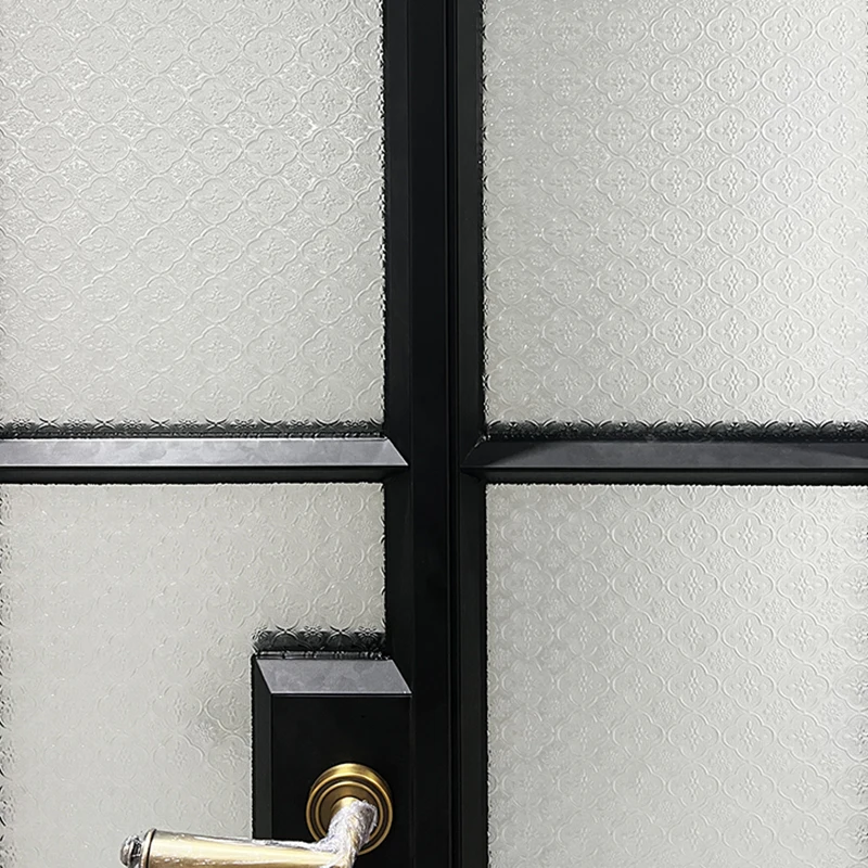 French interior doors Black arched swing double glass doors with opaque pattern laminated glass and vintage copper handles