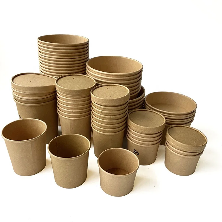 
custom compostable disposable biodegradable kraft paper soup cup with paper lid printing 