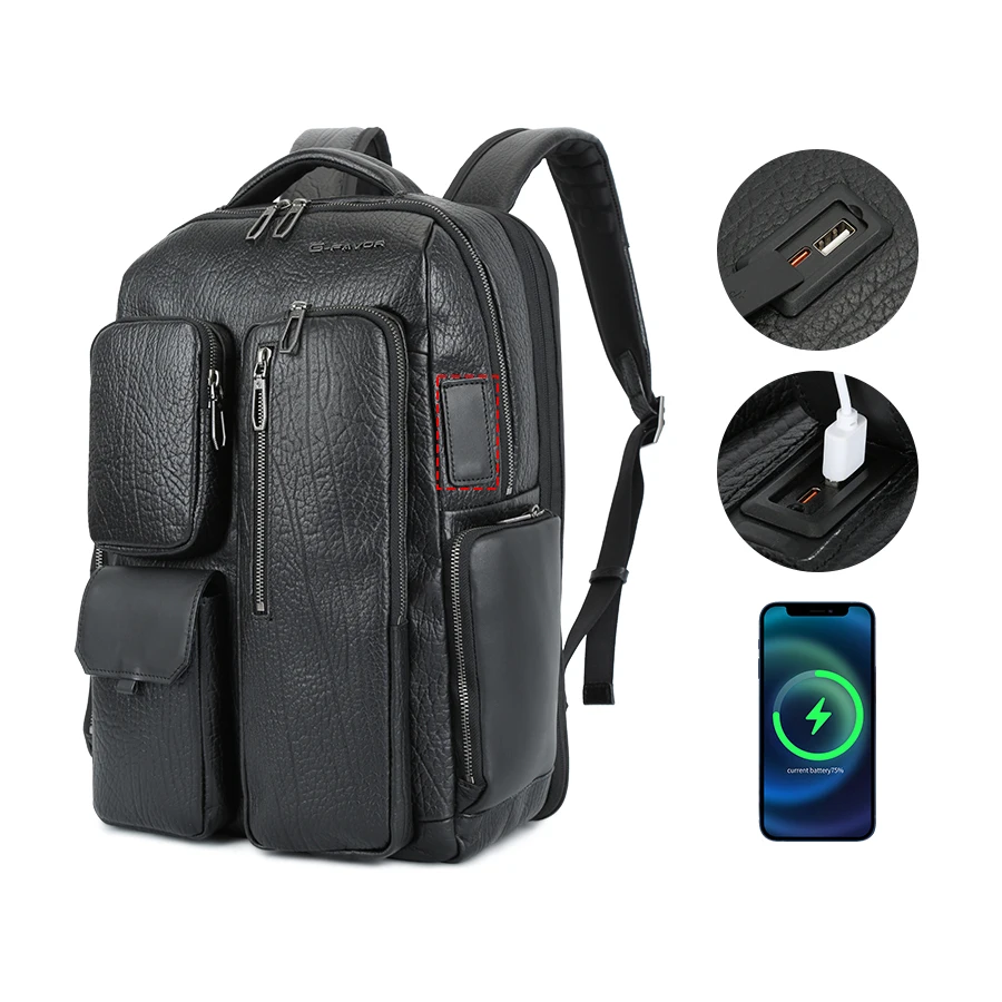 Large Capacity Travel Vintage Computer Real Cow Leather Travel Laptop Backpack Camping Cowhide Genuine Leather Bag Usb Charing