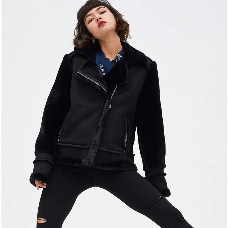 Casual Fashion Lapel Beige Black Color Women Faux Fur Coat Suede Leather Coat Jacket