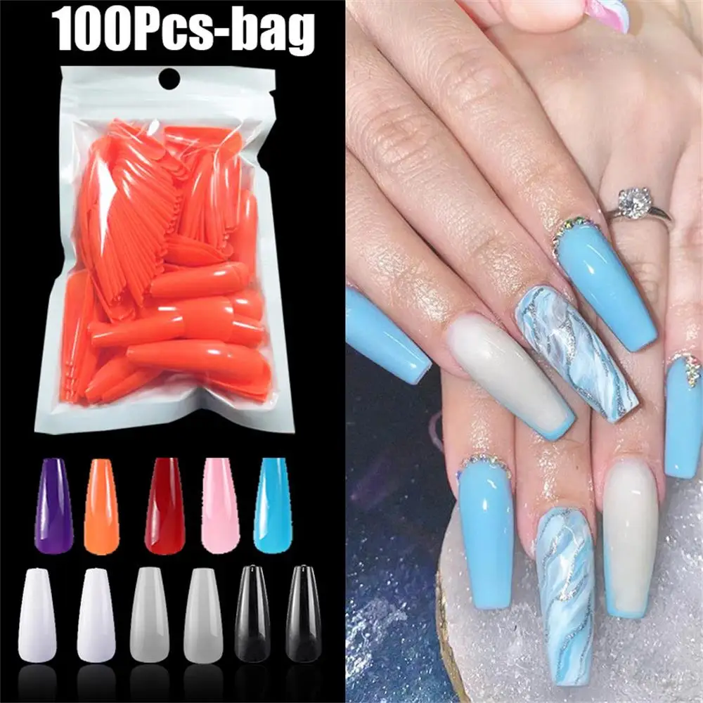 
100 pieces/bag Solid Color False Nails Long Ballerina Art UV Gel Acrylic Manicure Full Nail Tips 