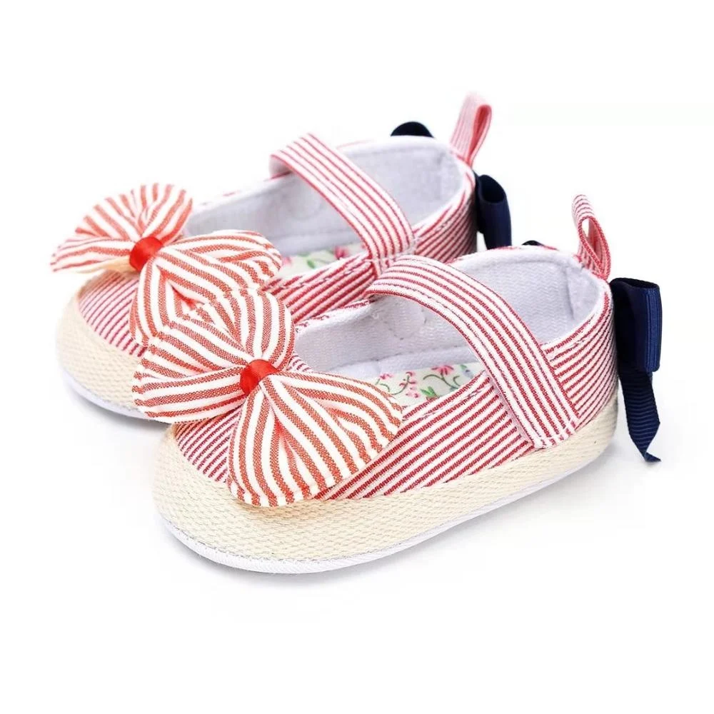 Fancy Infant Ribbon Bow Striped Baby Fabric Toddler Girl Dress Shoes