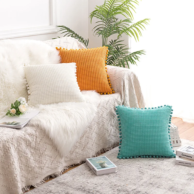 ins home fabric corn pom with ball living room sofa pillow cover modern solid color corduroy cushion pillow cover