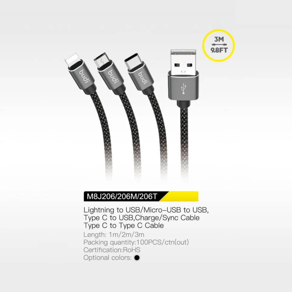 Микро usb-кабель budi Прямая продажа с завода 1 м 2 3 быстрая зарядка нейлоновый Плетеный портативный кабель для зарядного устройства телефона