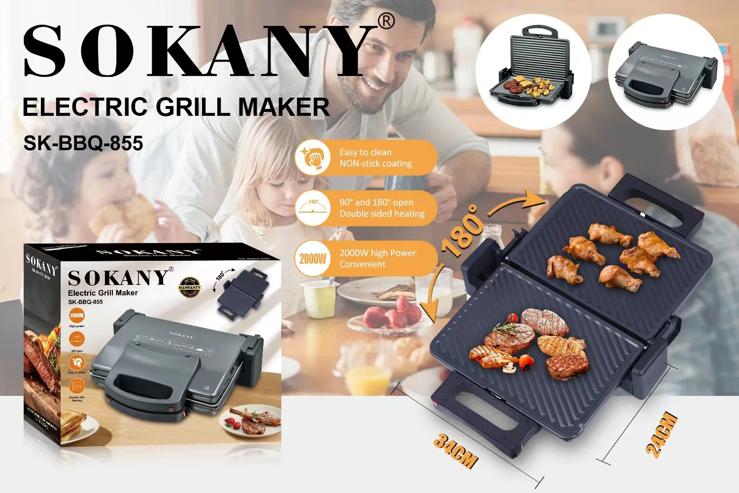 Electric commercial Panini Press Grill Sandwich Maker Non-Stick Coated Plates, Opens 180 Degrees for Panini Maker