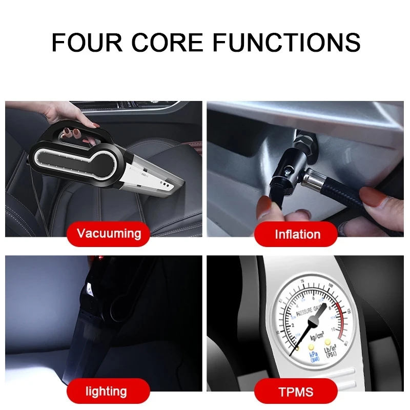4-in-1 Multi-Function Wet Dry Dual Use Portable Car Vacuum Cleaner with Tire Inflator Pump with LED Light