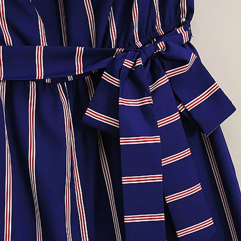 
2021 Boat Neck Vertical Blue Stripe High Waist Jumpsuit Casual Urban Plus Size Mommy And Me Outfits 