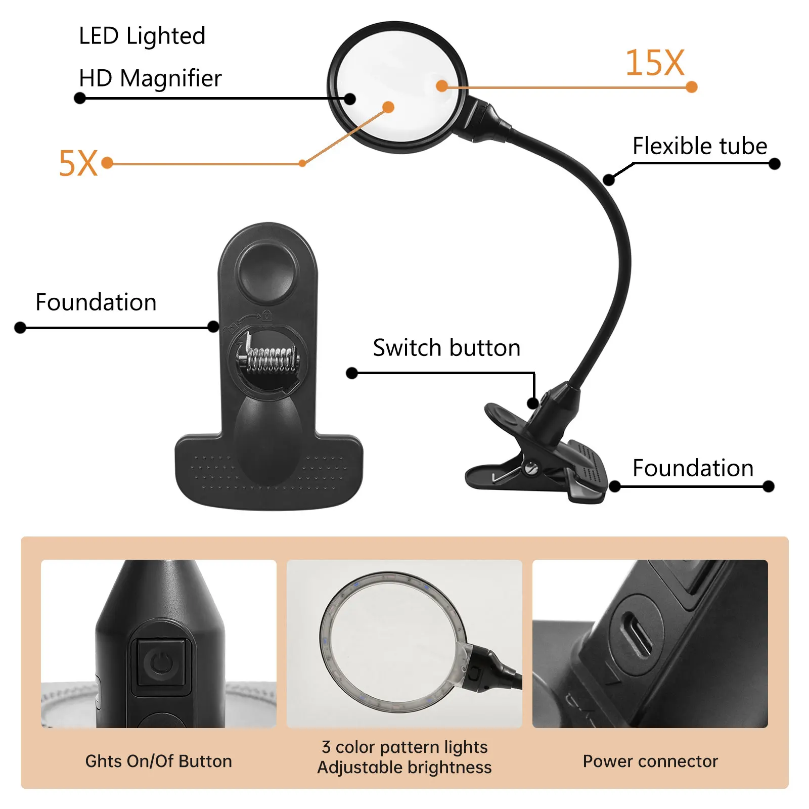 5X LED Desk Lamp Flexible Gooseneck Hands-Free Lighted Magnifying Glass 3 Color Temperature Reading/Crafting/Close Work Clip-On