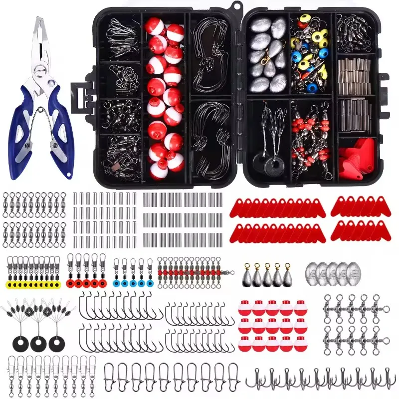 265pcs fishing accessories kit tackle box fishing accessory combo hook swivel snap float lead sinker pliers kits