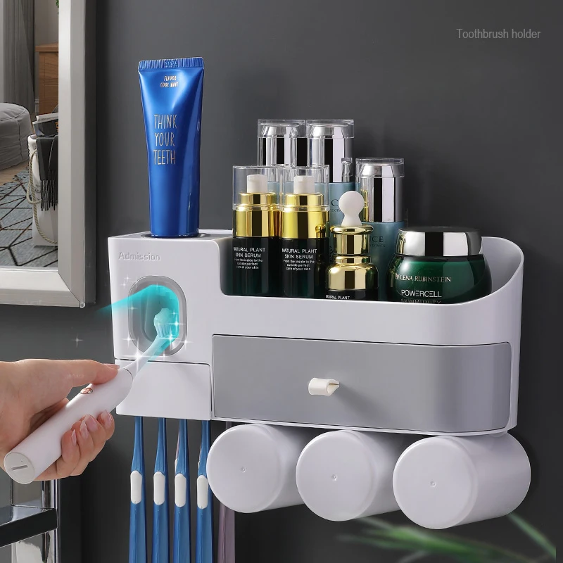 2021 New design creative style Plastic Toothbrush Holder with Automatic Squeezing Toothpaste Dispenser
