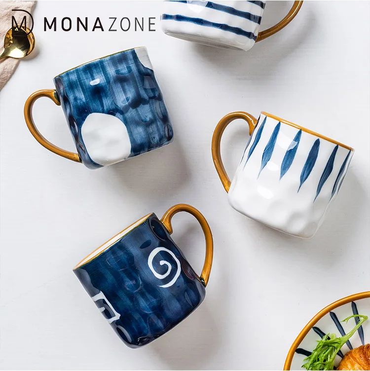 MONAZONE Hand-Painted Milk Coffee Cup Japanese Retro Style Ceramic Mug With Spoon