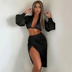 Женский костюм с плиссированной юбкой, Свободный Топ с глубоким V-образным вырезом и длинным рукавом, осень 2021