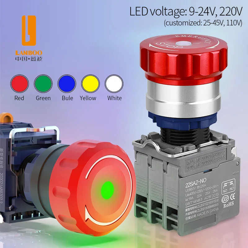 LANBOO SA1/SA2 Plastic Holding Type Emergency Stop Button Switch With Red And Green LED