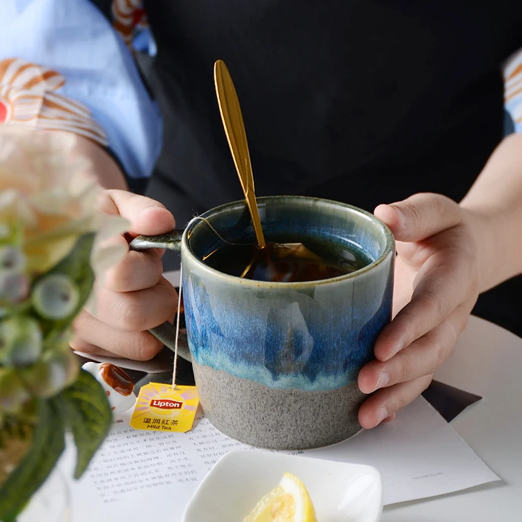Reactive color glazed ceramic mug with two colors mixed stoneware coffee cup terracotta tea cup retro cup