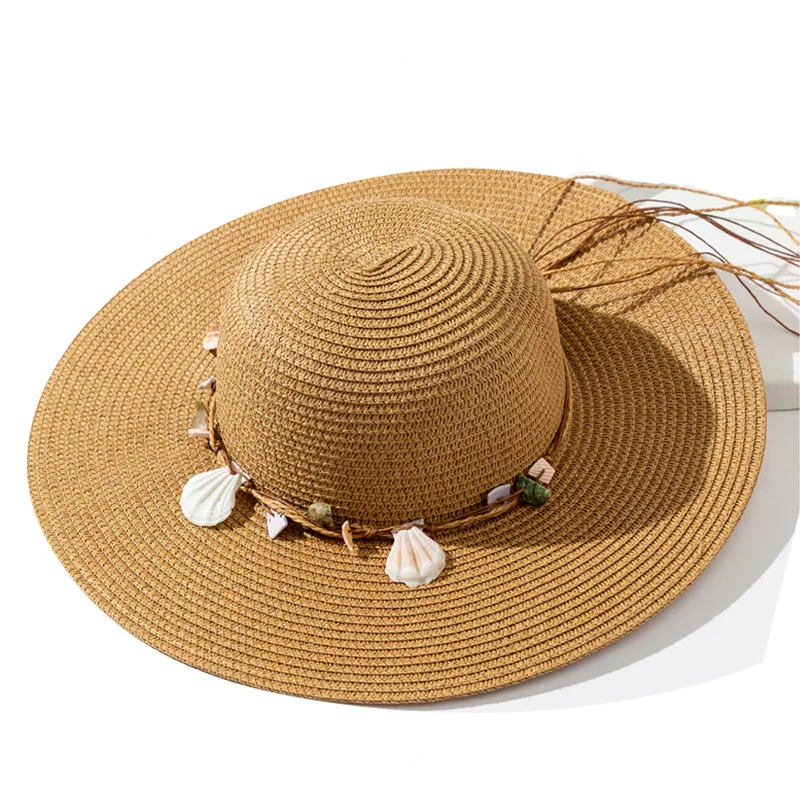 Ladies Wide Brim Straw Sun Hat Women Straw Summer Beach Hats Shell Decor Straw Hat