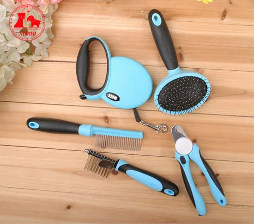 Pink/Blue 5 IN 1 Pet Products DELE Pet Grooming Kit Dog Grooming Tool Set Comb Brush Leash Nail Clipper Luxury