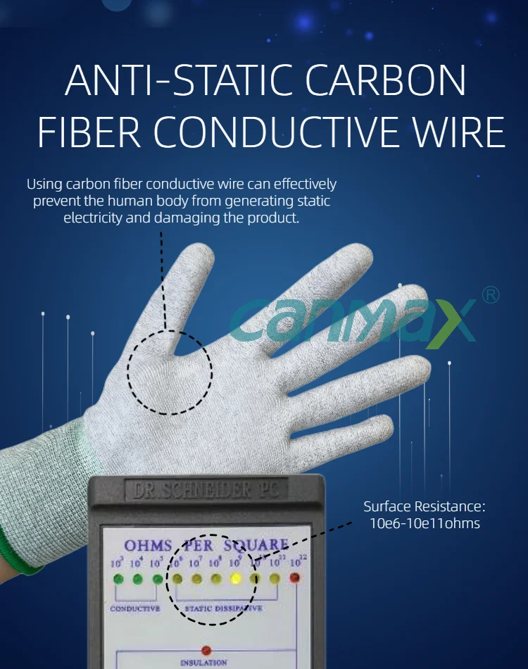 Light Weight Led Industry Conductive Polyester PU Fingertip Coated Electronics Working Antistatic Top Fit Clean ESD Gloves