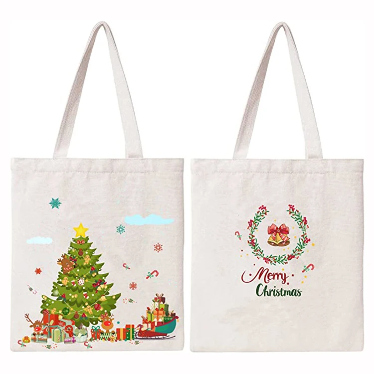 Christmas Gift Package Custom Printed Logo Reusable Grocery Tote Shopping Cotton Canvas Bag