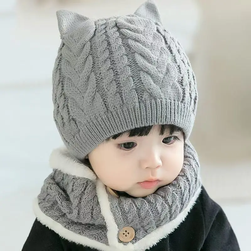 Syh1052 Winter baby hats scarves 2 pcs set baby Knitted Caps Woolen Warm Thickened Girl Hat