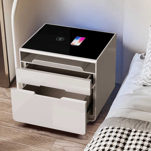 Smart Home Mirrored Bedroom Furniture Metal Smart Side Table Bedside Cabinet Wireless Charging Cupboard with Cooler Drawer
