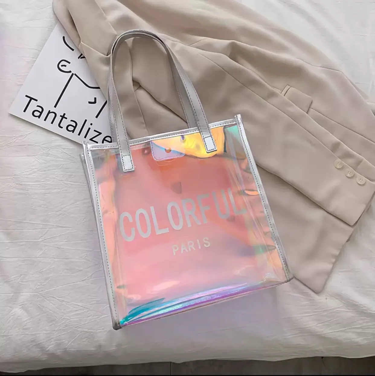 High quality waterproof holographic pvc shoulder tote bag clear plastic shopping bag gift bag